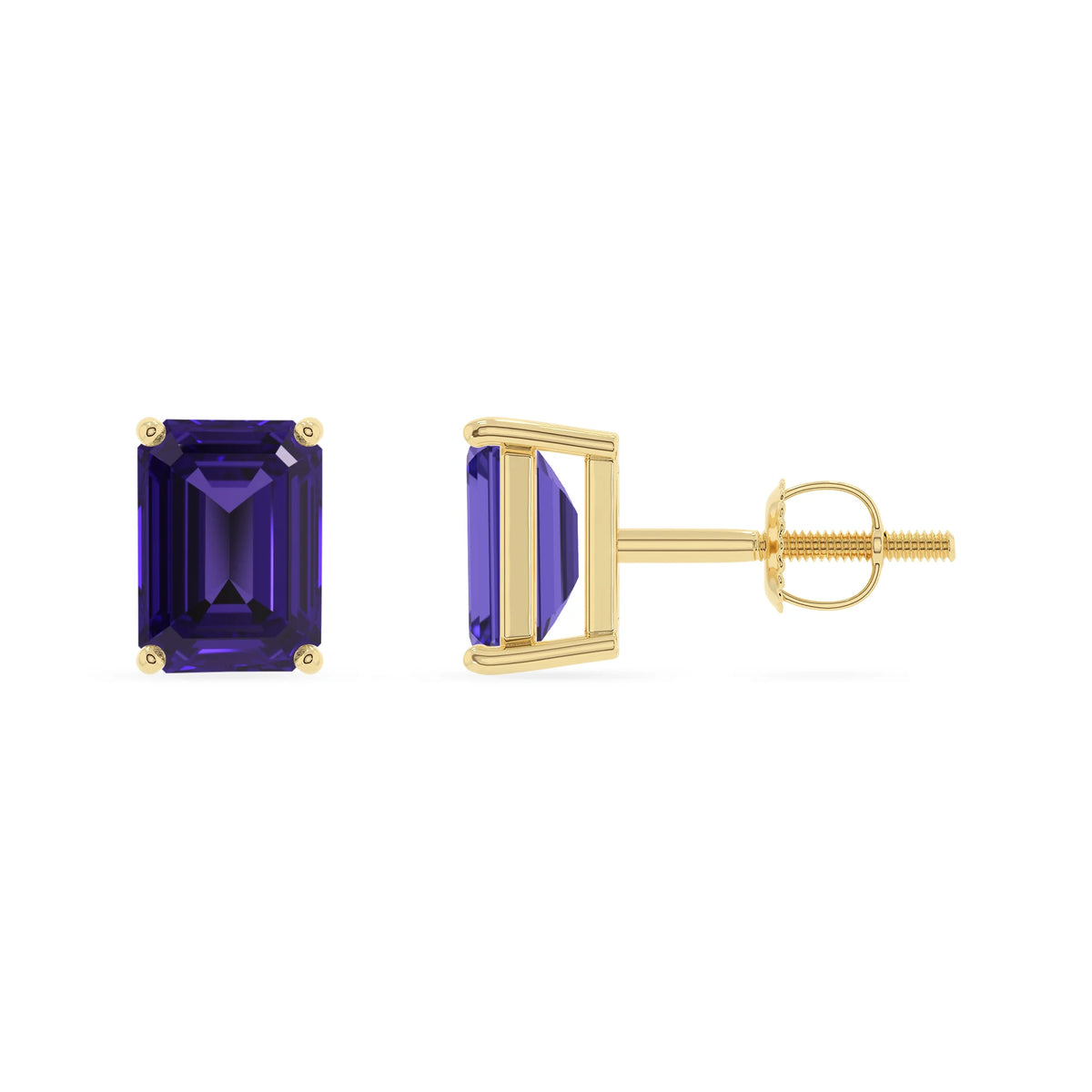 lab grown tanzanite emerald cut stud earrings in yellow gold 