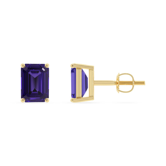 lab grown tanzanite emerald cut stud earrings in yellow gold 