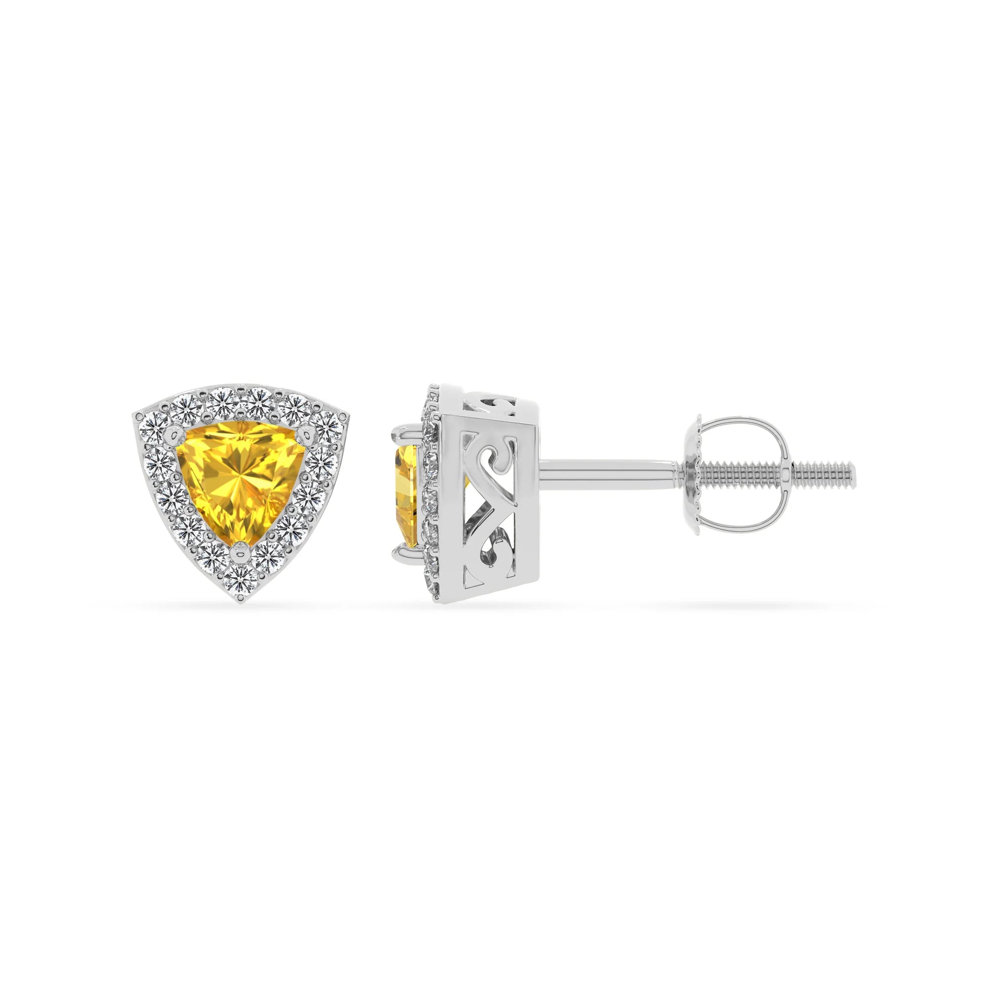 lab grown yellow sapphire trillion stud earrings in white gold 