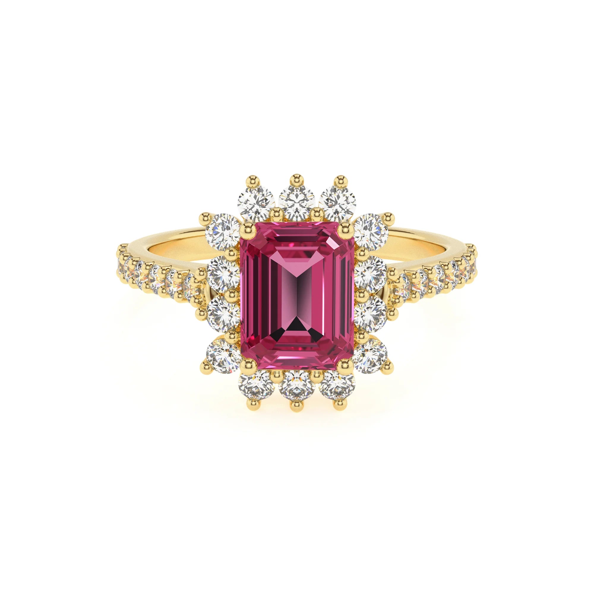lab grown pink-tourmaline emerald cut solitaire rings in yellow gold 