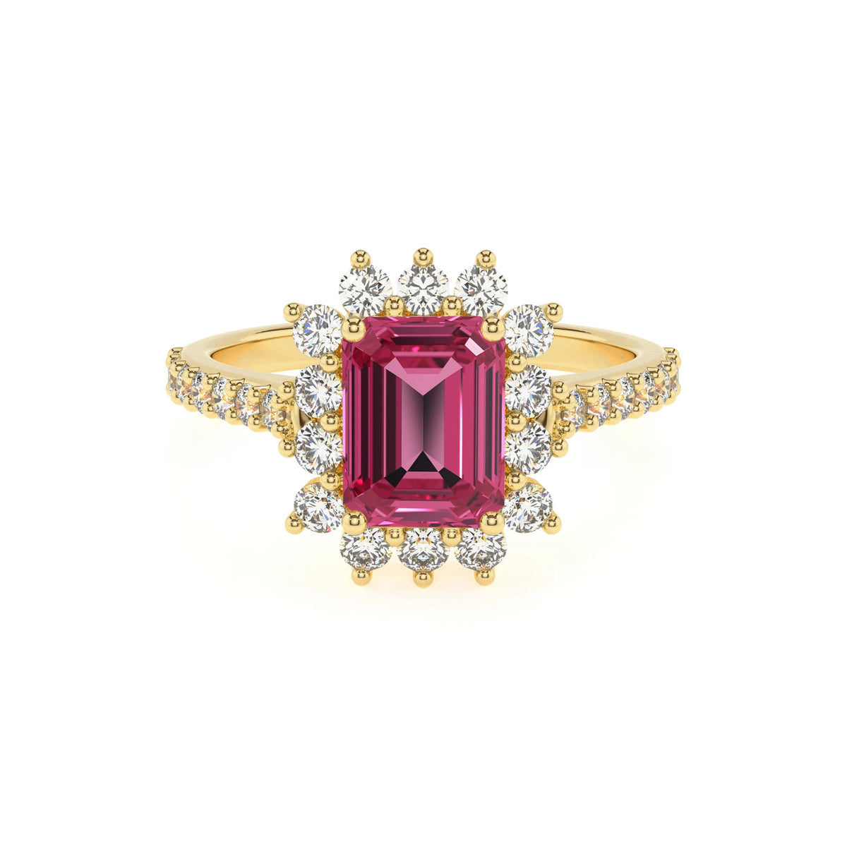 lab grown pink-tourmaline emerald cut solitaire rings in yellow gold 
