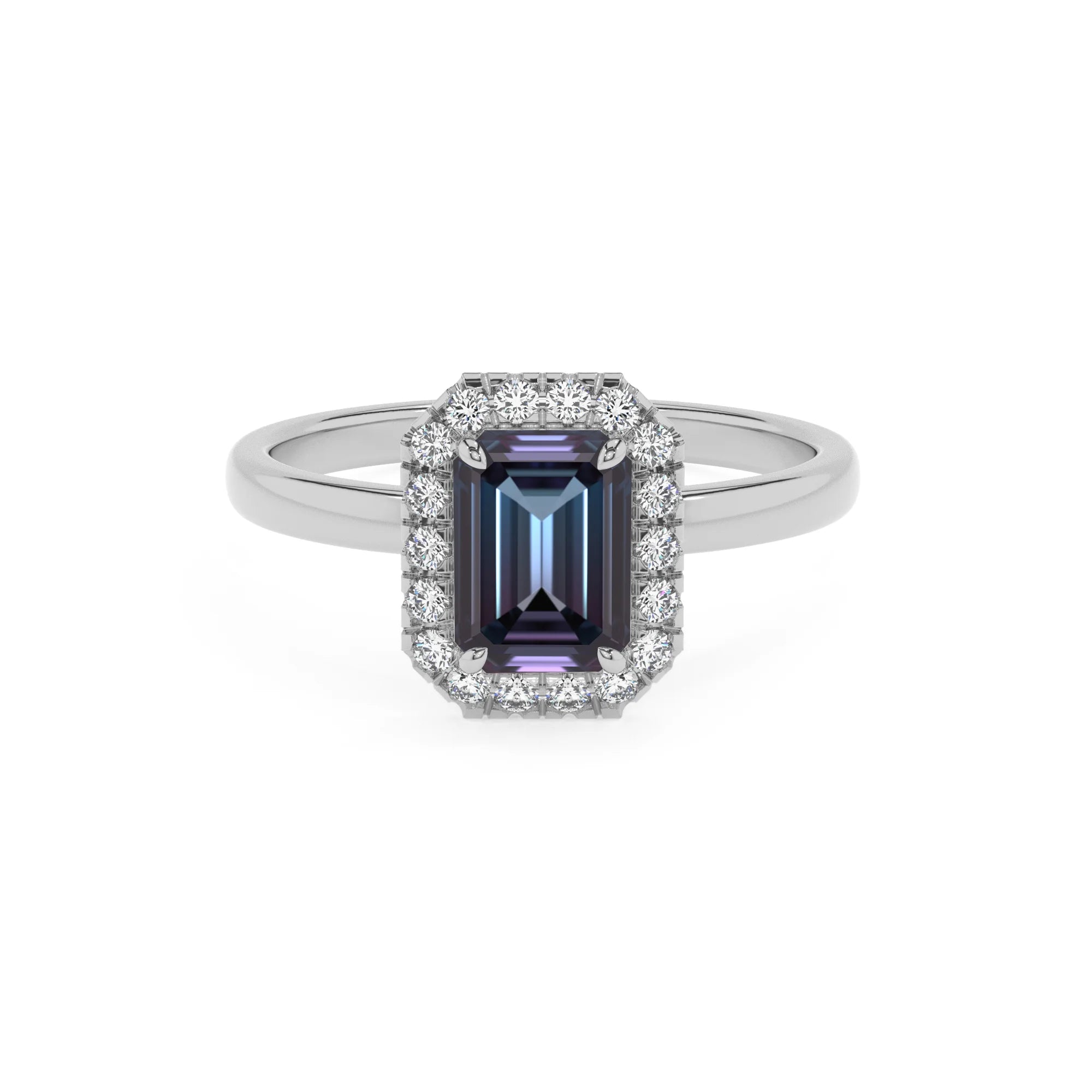 lab grown alexandrite emerald cut solitaire rings in white gold 