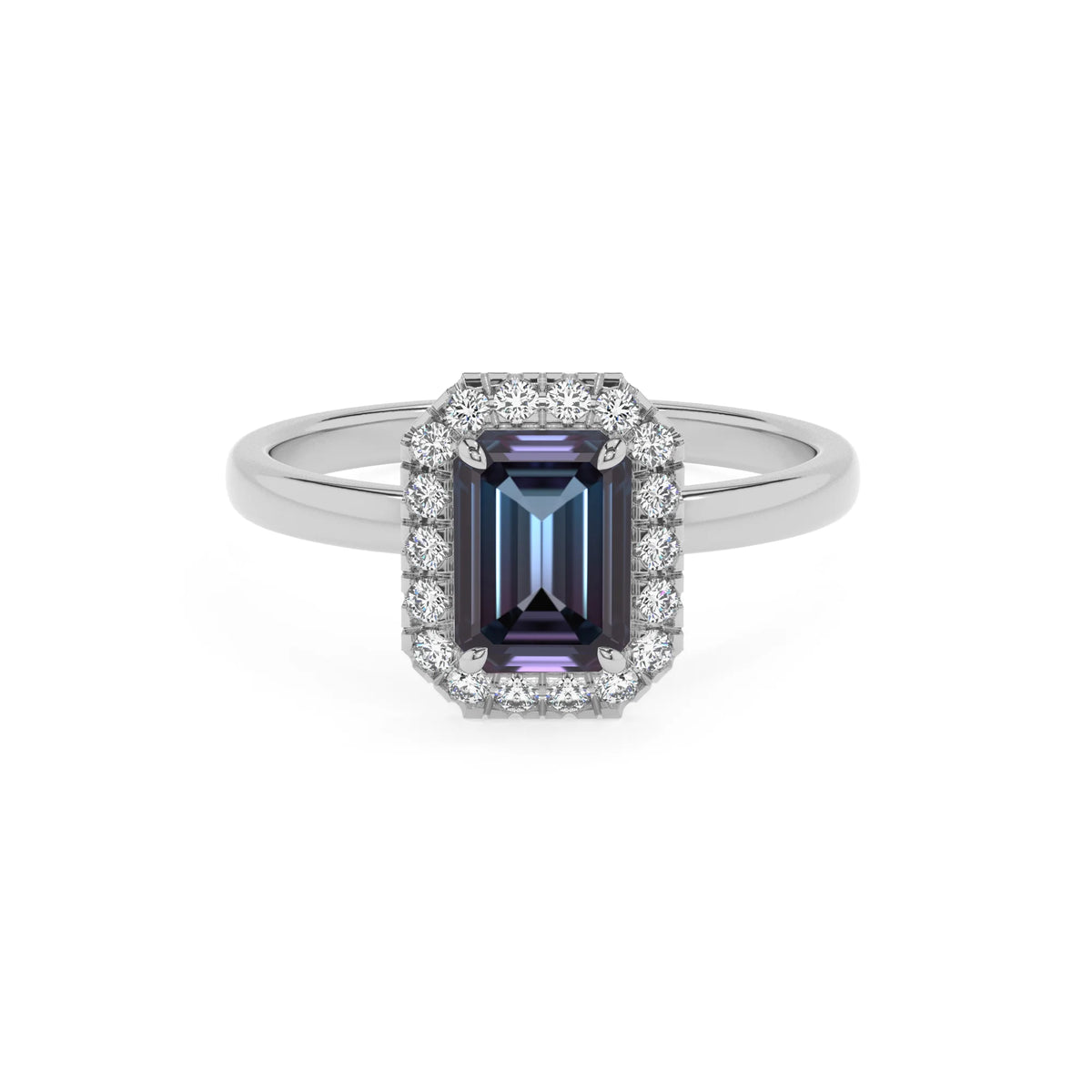 lab grown alexandrite emerald cut solitaire rings in white gold 
