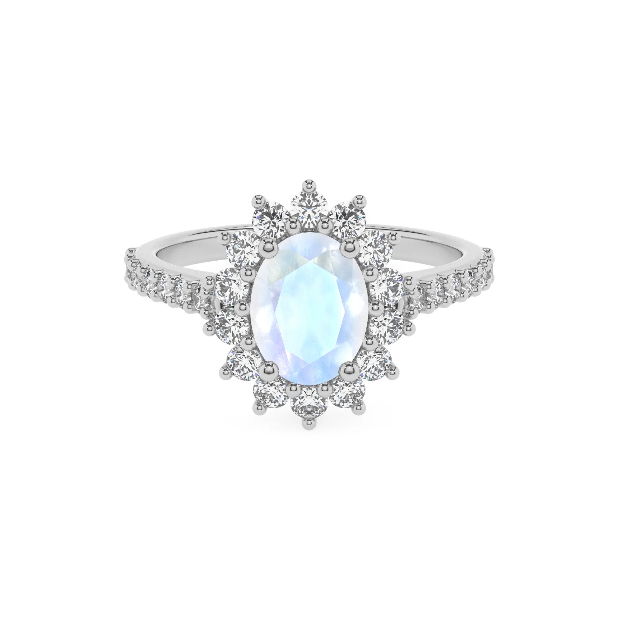 natural rainbow-moonstone oval solitaire rings in white gold 