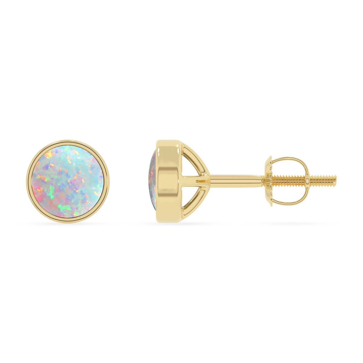 lab grown opal round stud earrings in yellow gold 