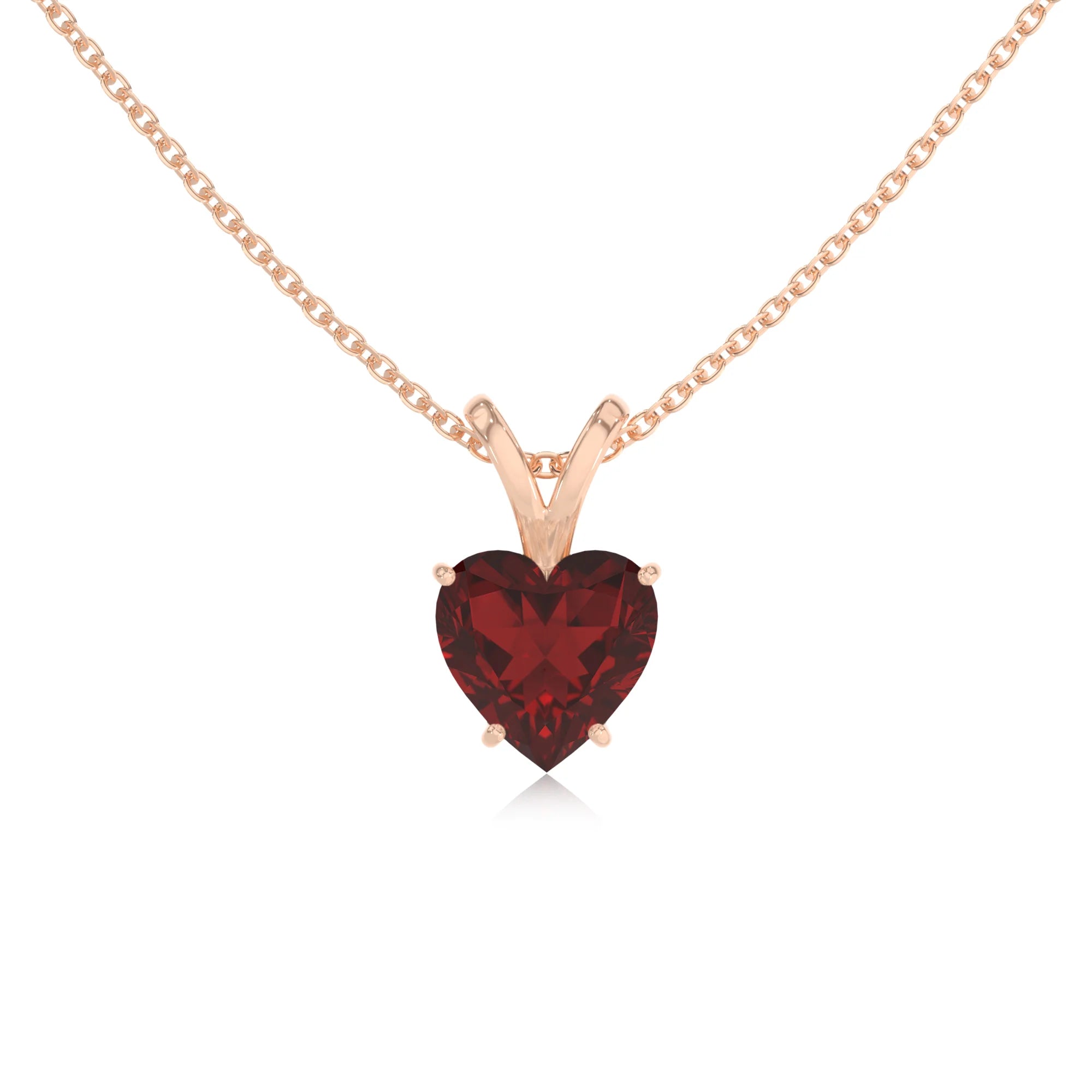 natural garnet heart solitaire v-bale necklaces in rose gold 