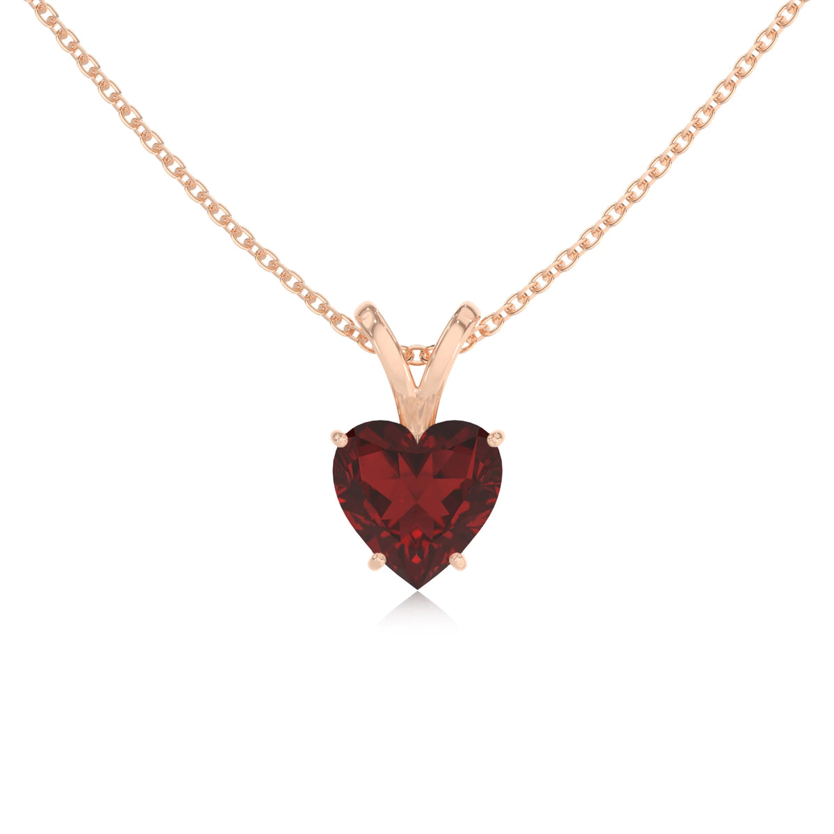 natural garnet heart solitaire v-bale necklaces in rose gold 