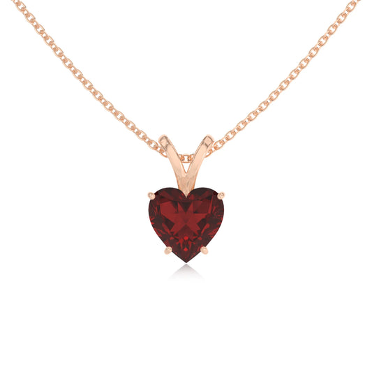 natural garnet heart solitaire v-bale necklaces in rose gold 