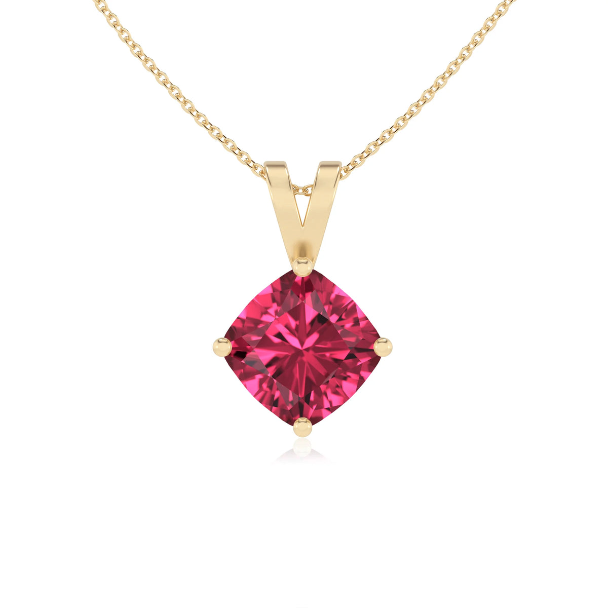 lab grown pink-tourmaline cushion solitaire v-bale necklaces in yellow gold 