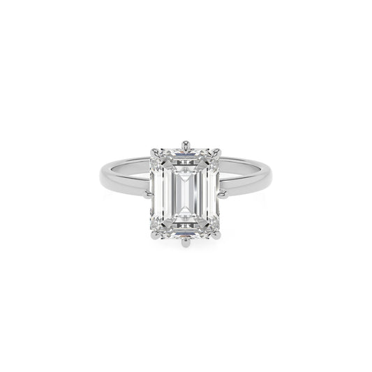 lab grown moissanite emerald cut solitaire rings in platinum 