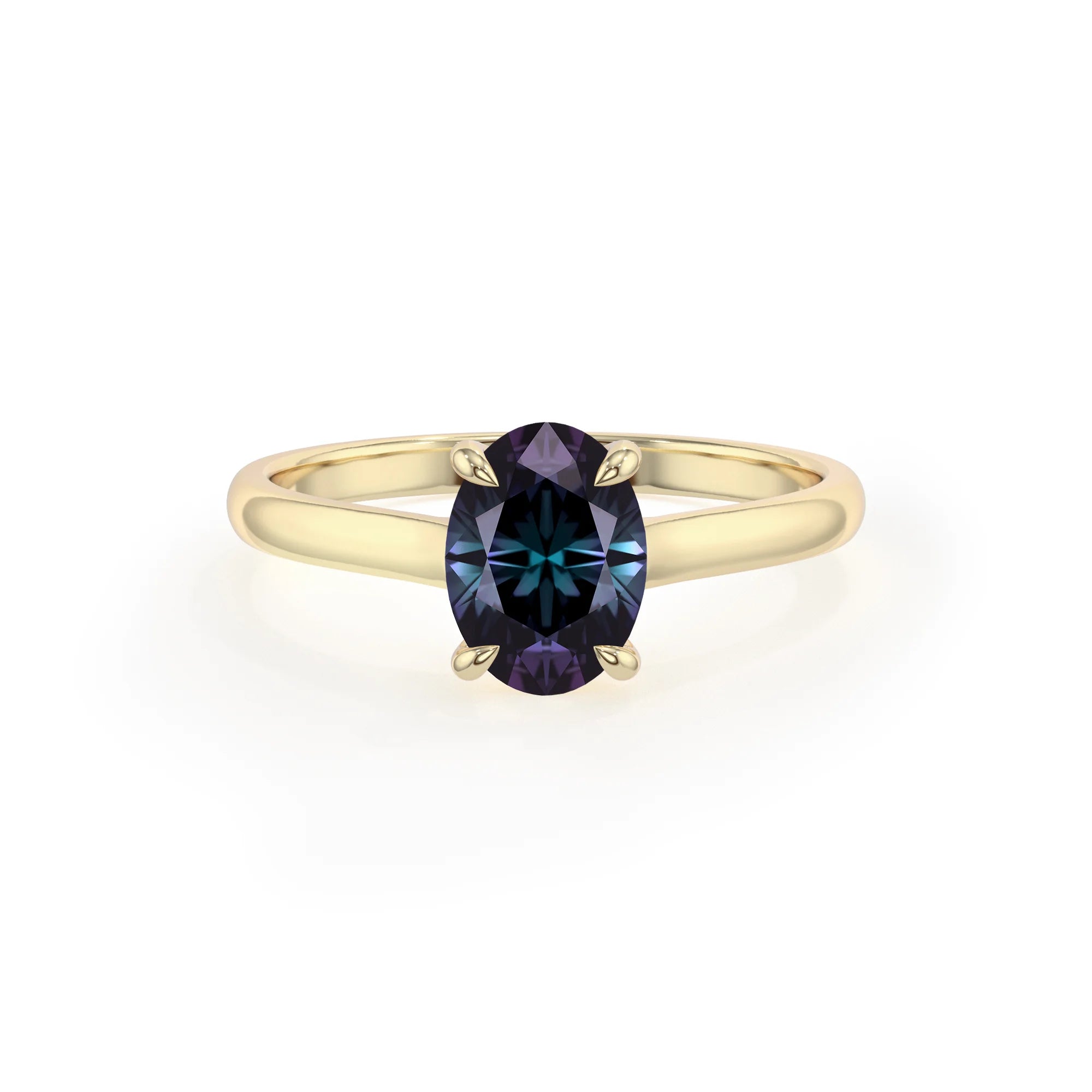 lab grown alexandrite oval solitaire rings in yellow gold 