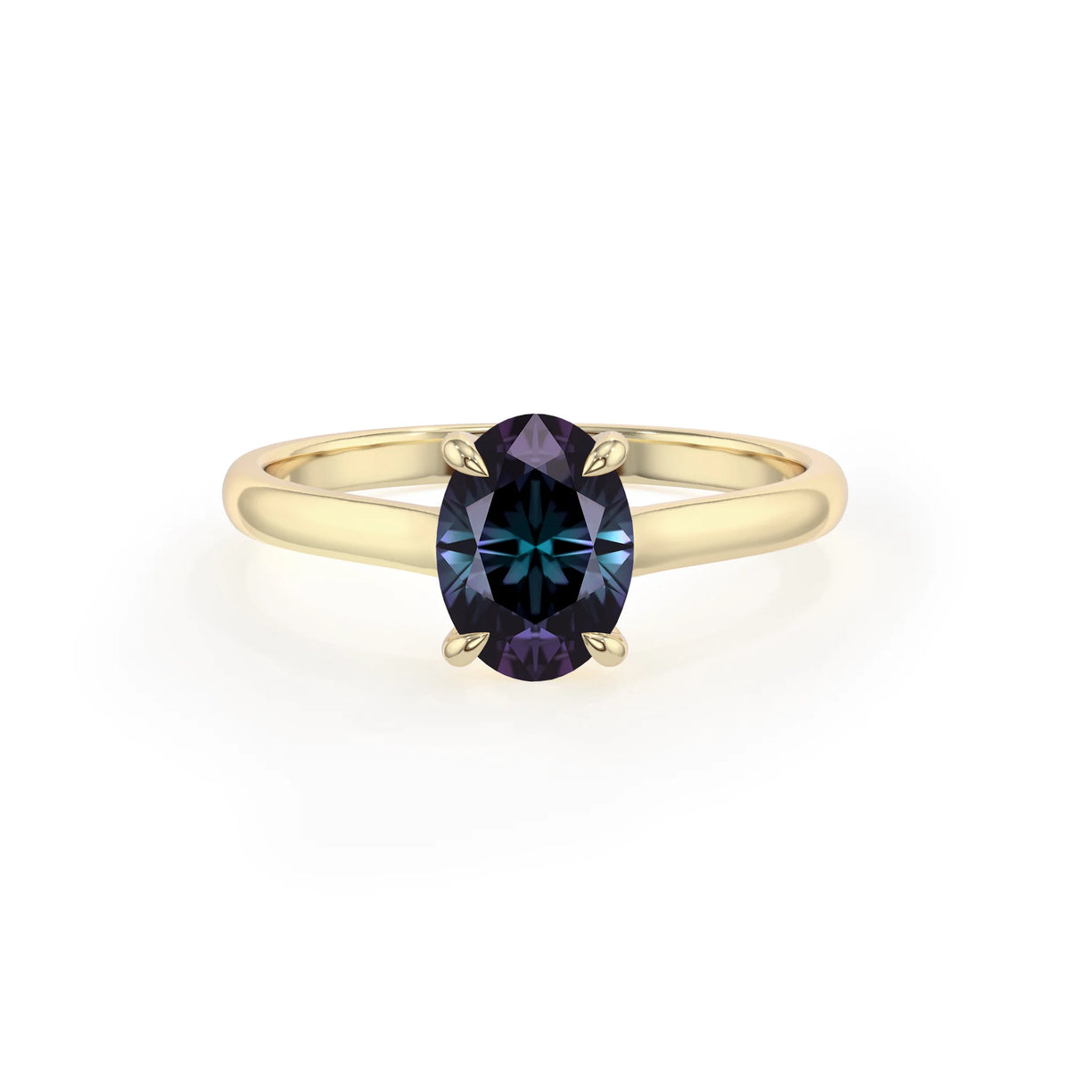 lab grown alexandrite oval solitaire rings in yellow gold 
