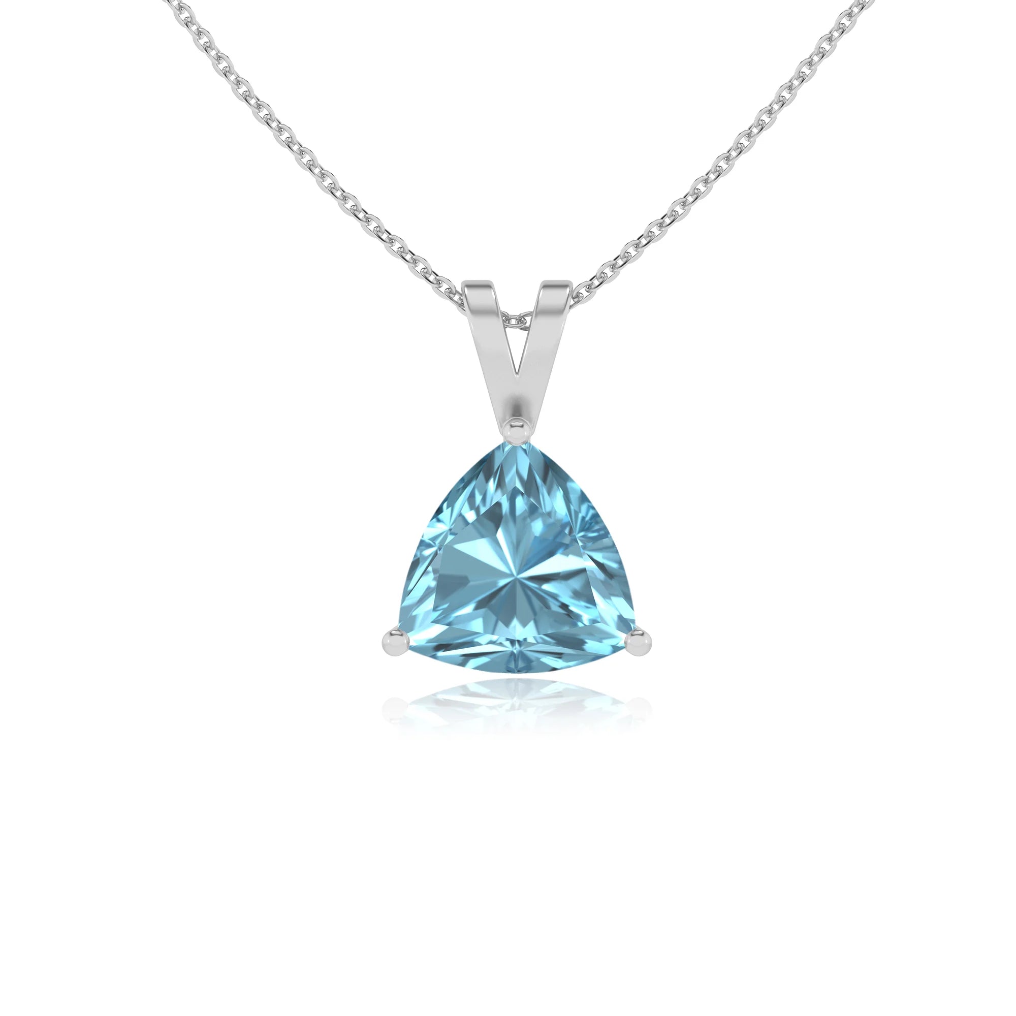 lab grown aquamarine trillion solitaire v-bale necklaces in sterling silver 