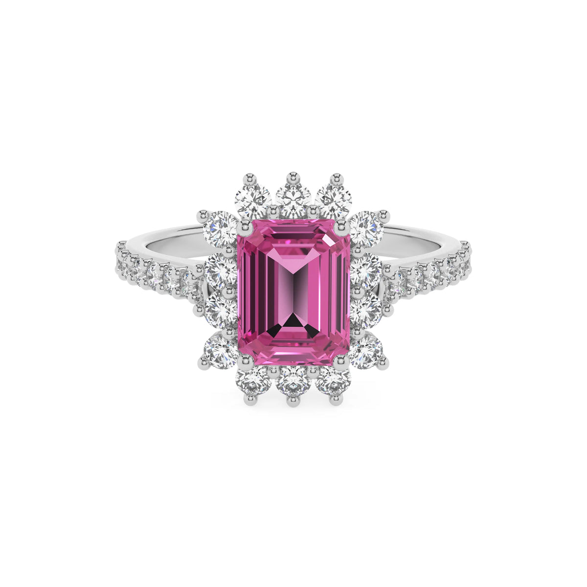 lab grown pink-sapphire emerald cut solitaire rings in platinum 