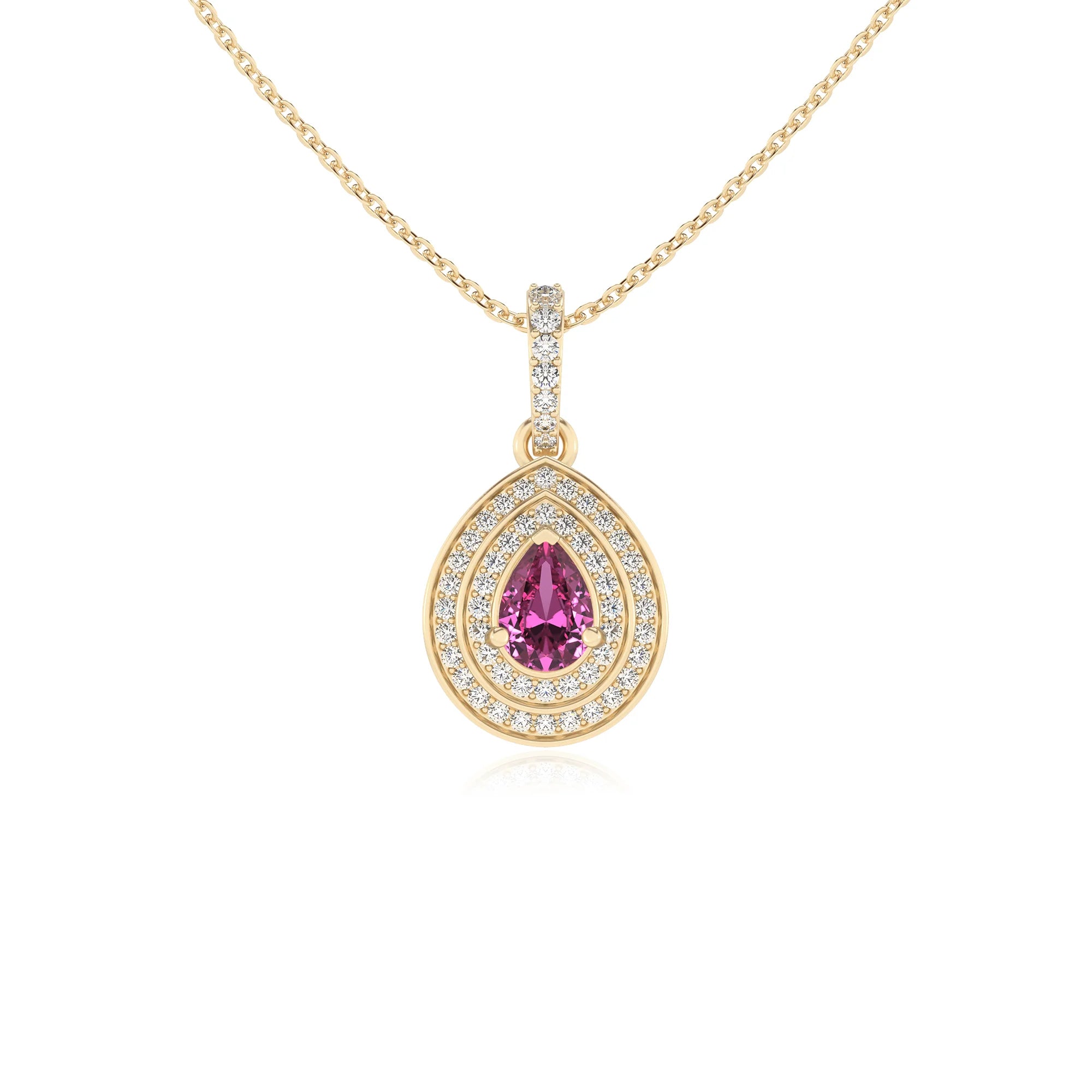 lab grown pink-sapphire pear halo necklaces in yellow gold 