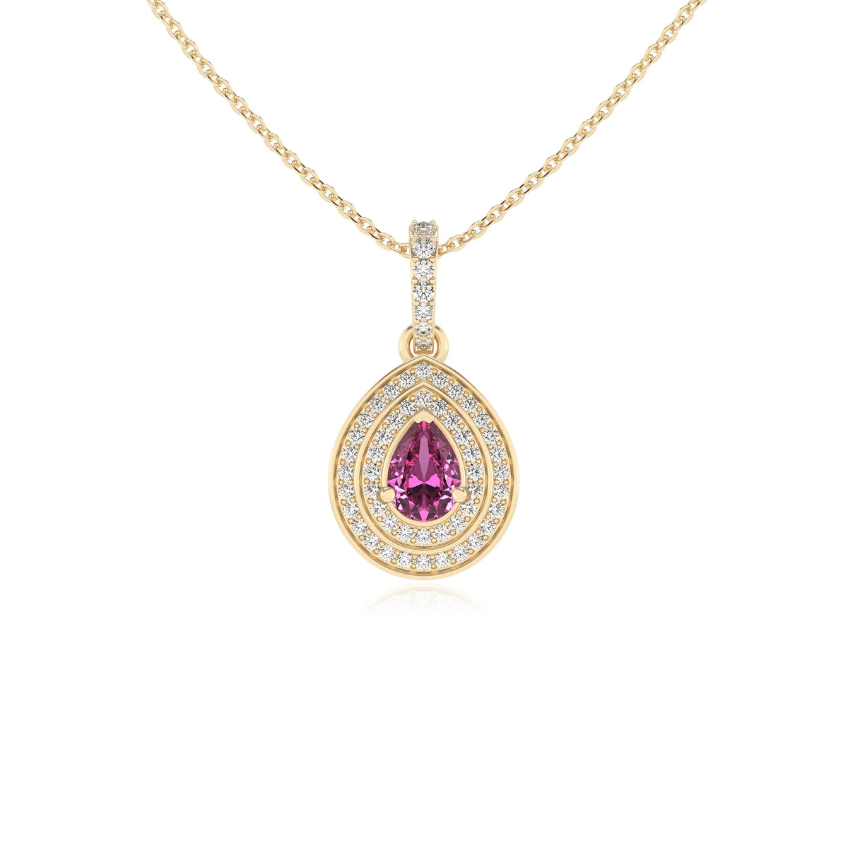 lab grown pink-sapphire pear halo necklaces in yellow gold 