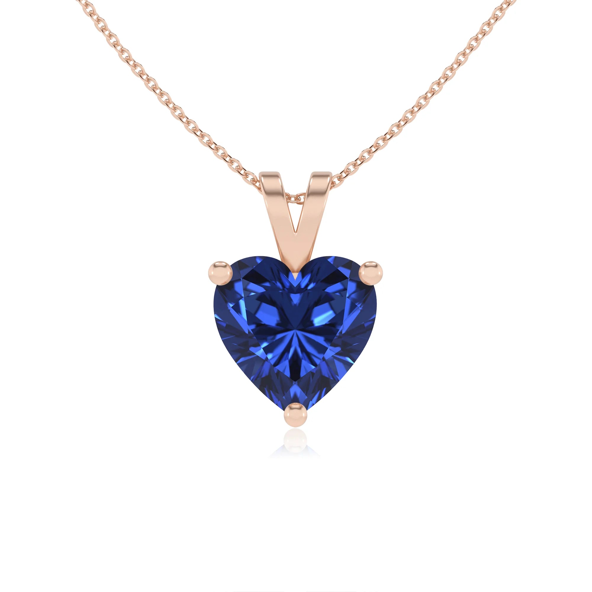 lab grown blue-sapphire heart solitaire v-bale necklaces in rose gold 