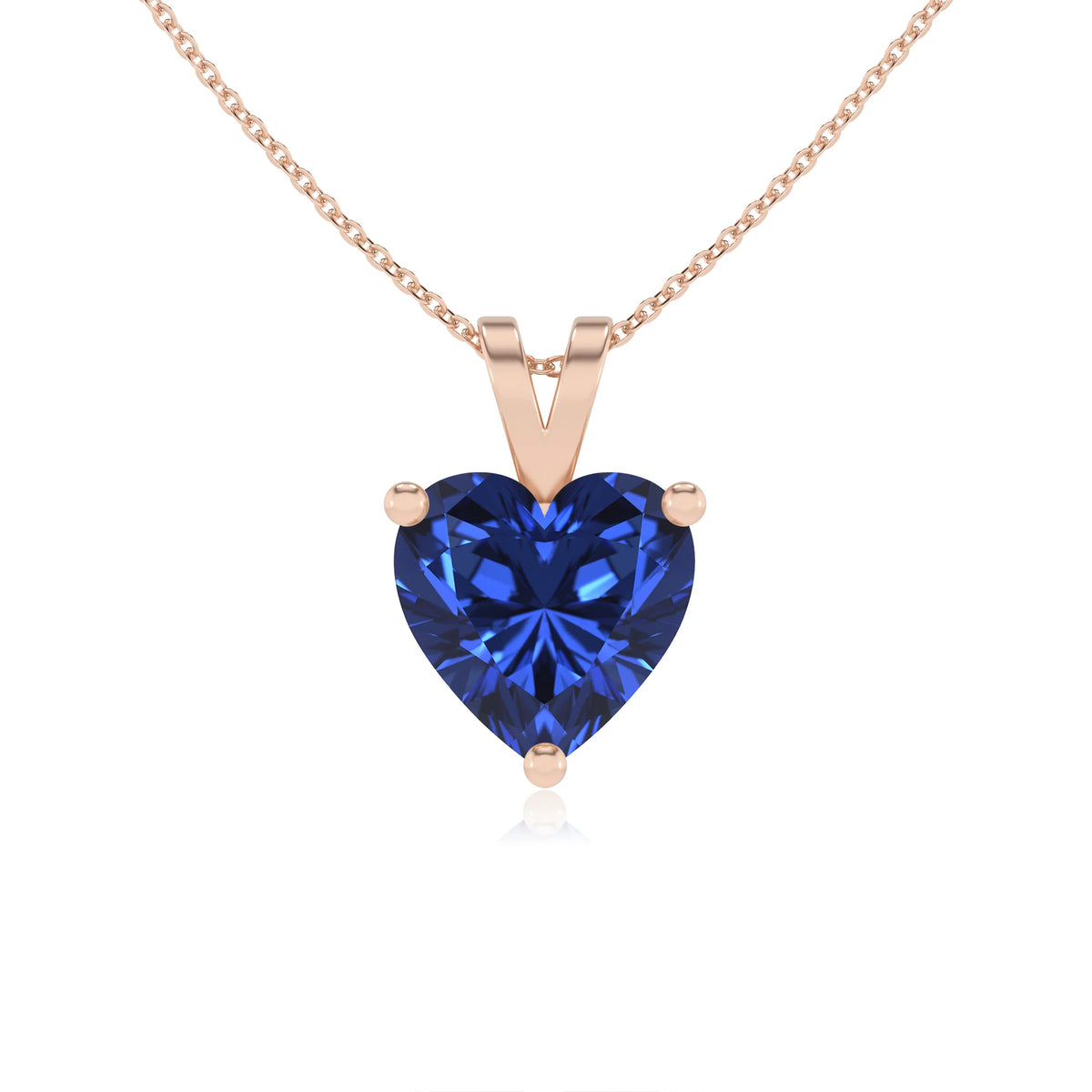 lab grown blue-sapphire heart solitaire v-bale necklaces in rose gold 