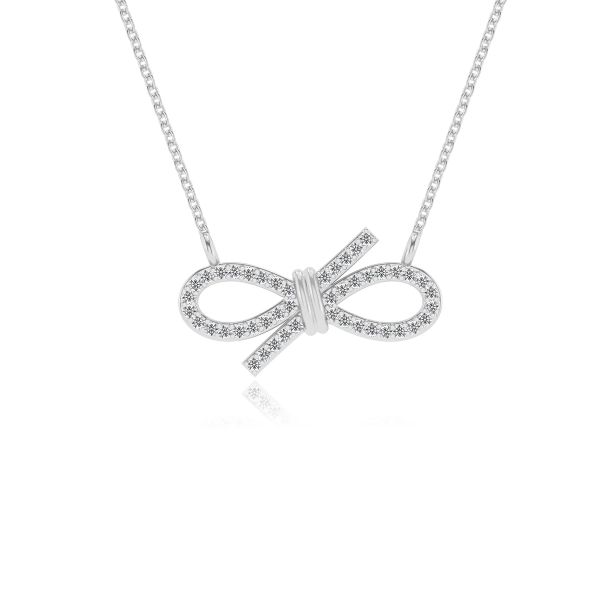 lab grown moissanite round infinity necklaces in white gold 