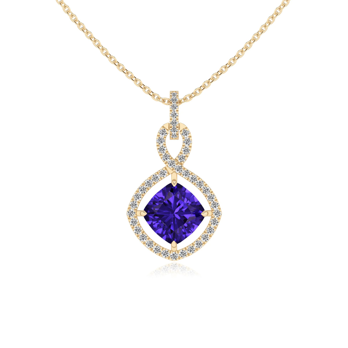 lab grown tanzanite cushion infinity necklaces in yellow gold 