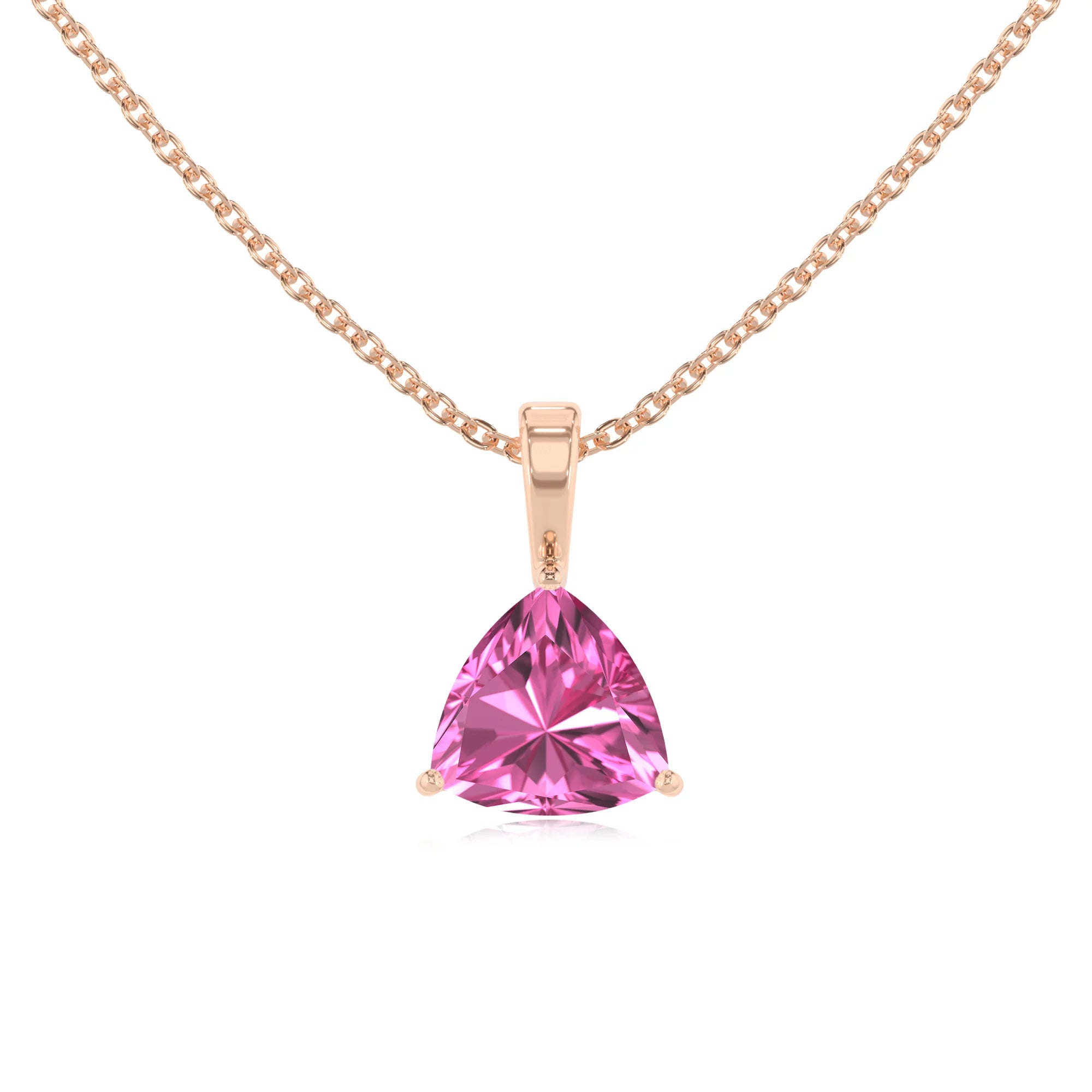 lab grown pink-sapphire trillion solitaire necklaces in rose gold 