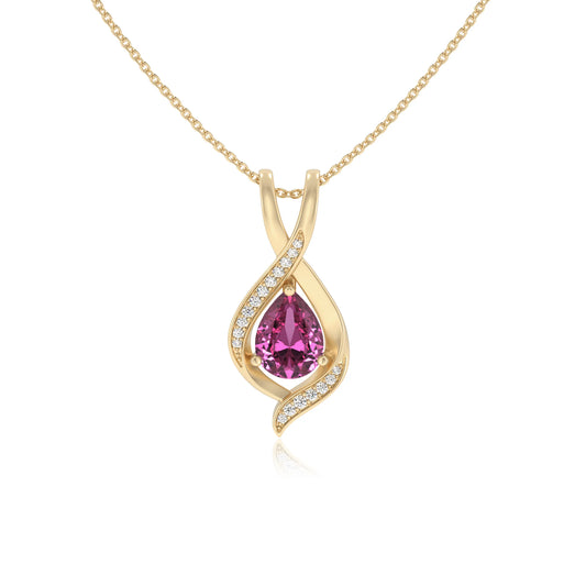 lab grown pink-sapphire pear solitaire necklaces in yellow gold 