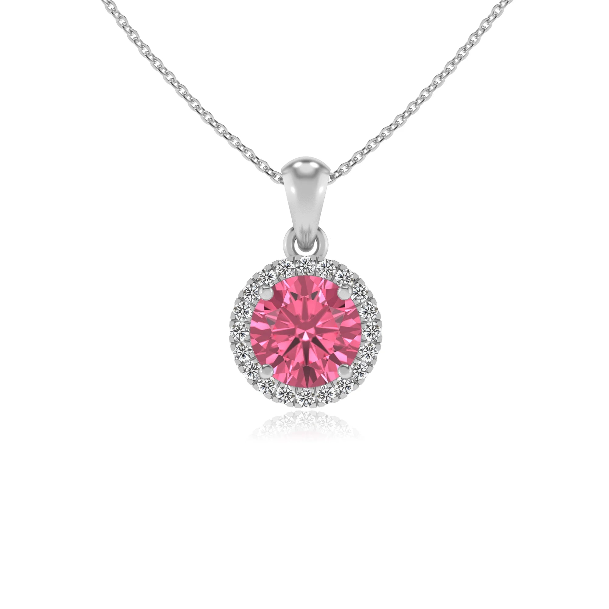 lab grown pink-tourmaline round solitaire necklaces in white gold 