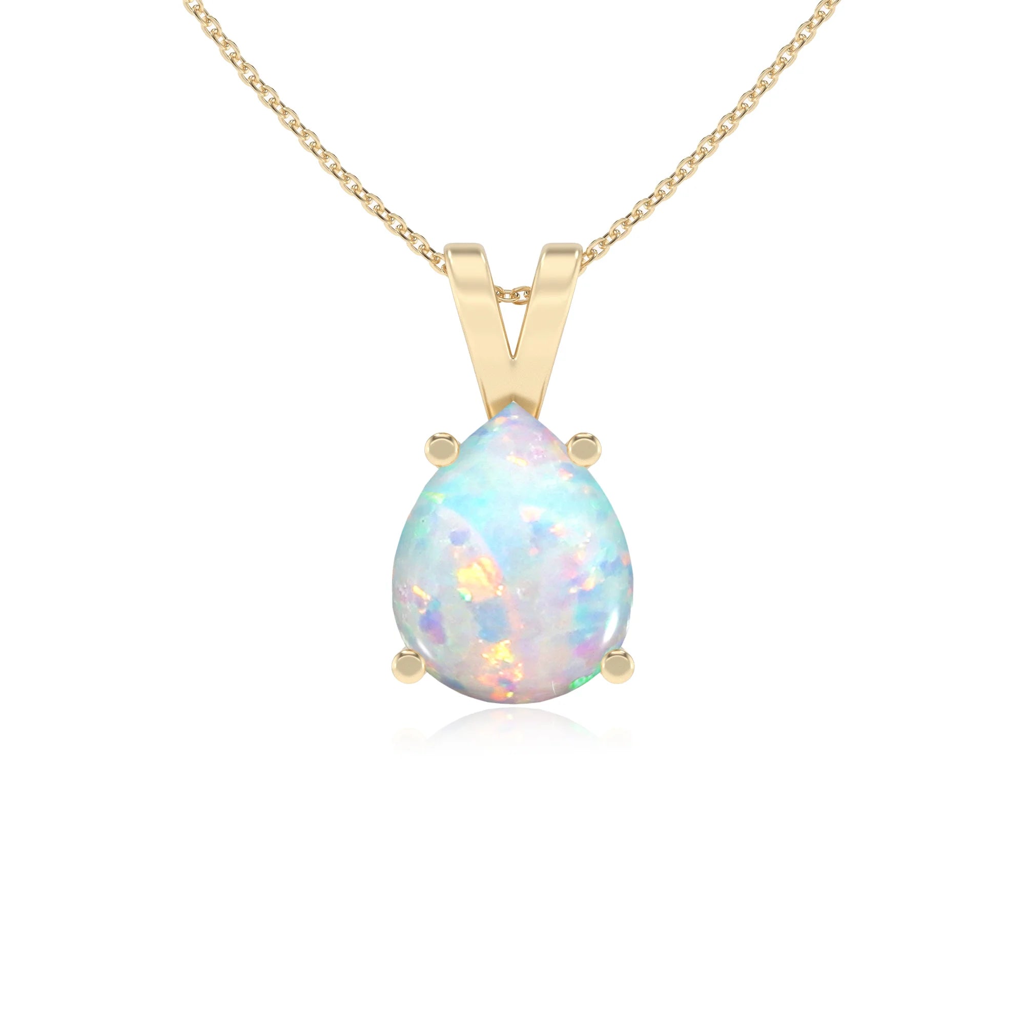lab grown opal pear solitaire v-bale necklaces in yellow gold 