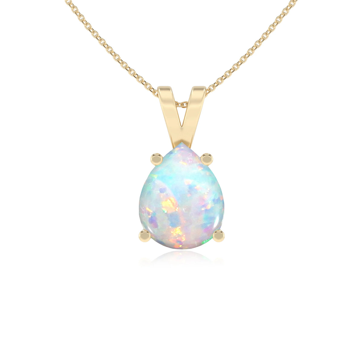 lab grown opal pear solitaire v-bale necklaces in yellow gold 