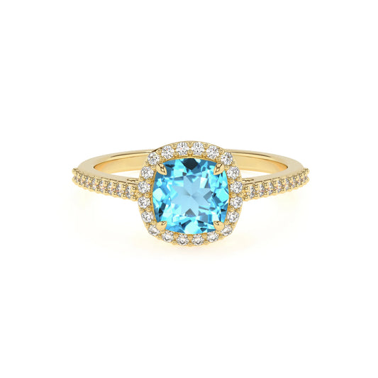 natural swiss-blue-topaz cushion solitaire rings in yellow gold 