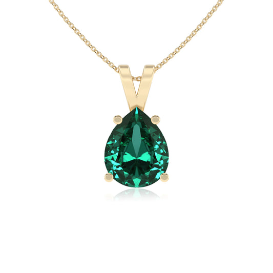 lab grown emerald pear solitaire v-bale necklaces in yellow gold 