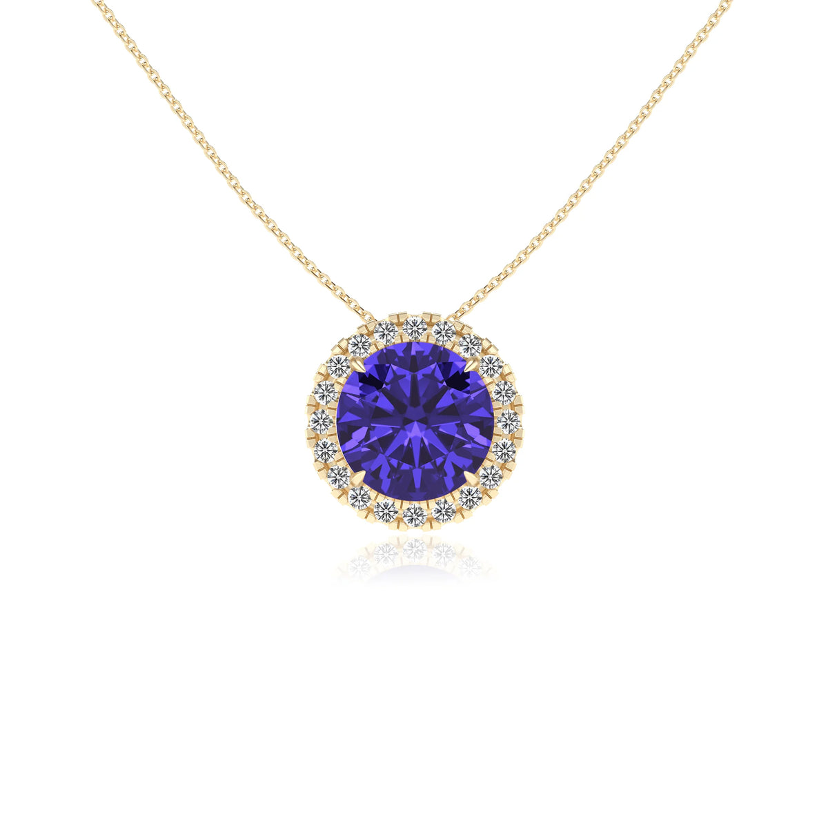 lab grown tanzanite round solitaire necklaces in yellow gold 