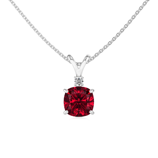 lab grown ruby cushion solitaire v-bale necklaces in white gold 