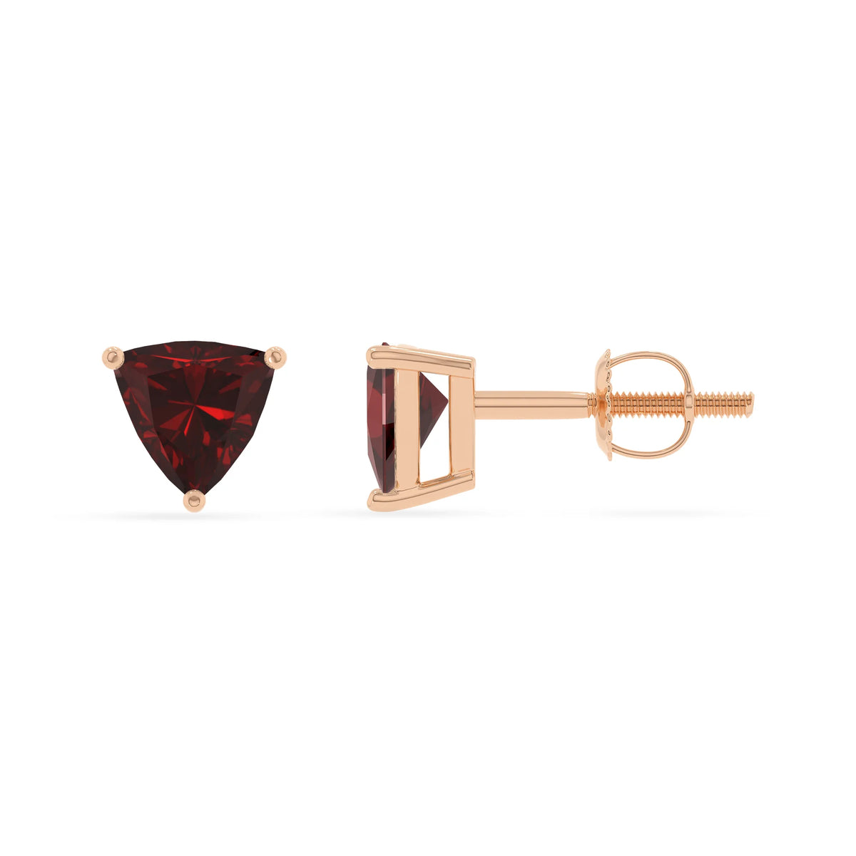 natural garnet trillion stud earrings in rose gold 