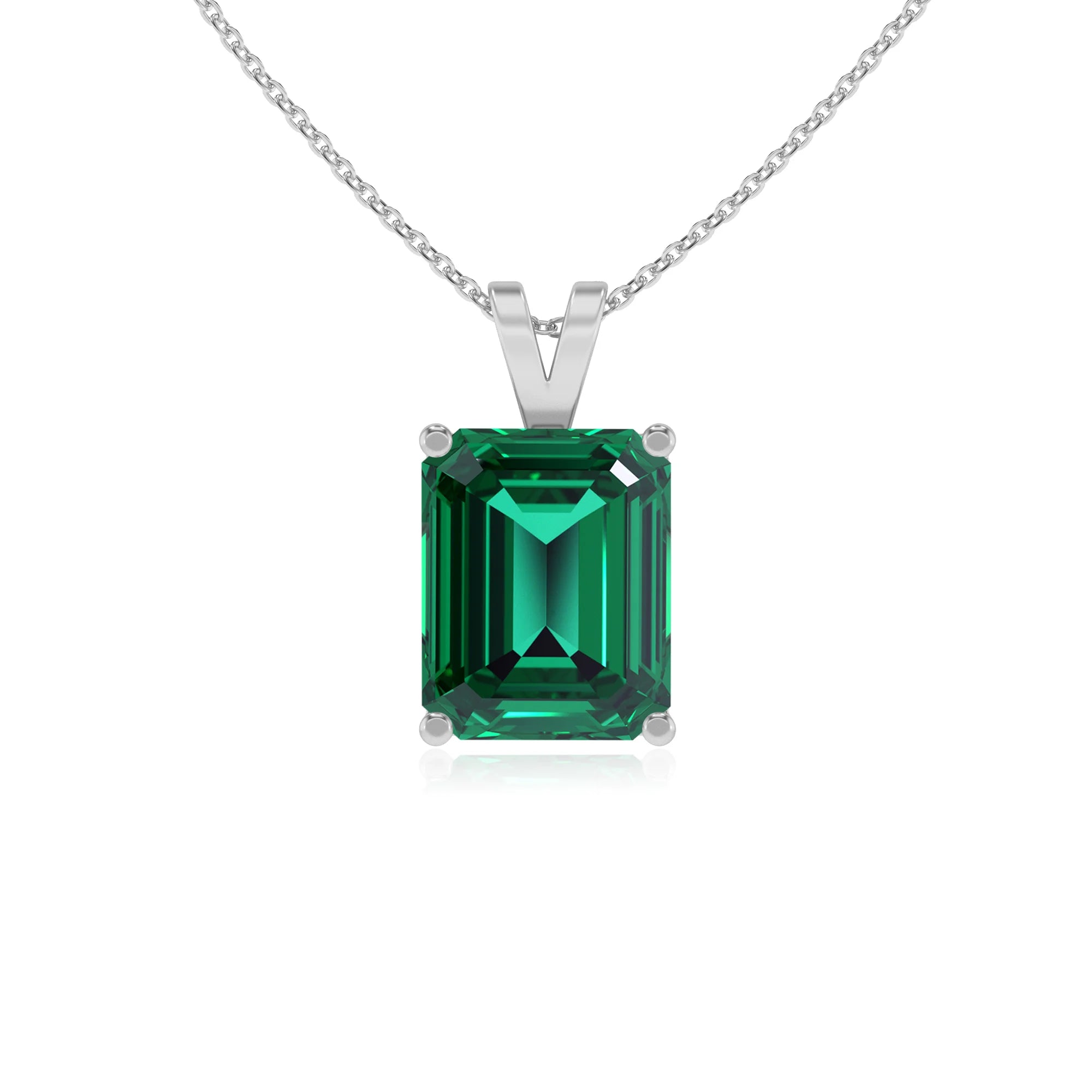 lab grown emerald octogon cut solitaire v-bale necklaces in white gold 