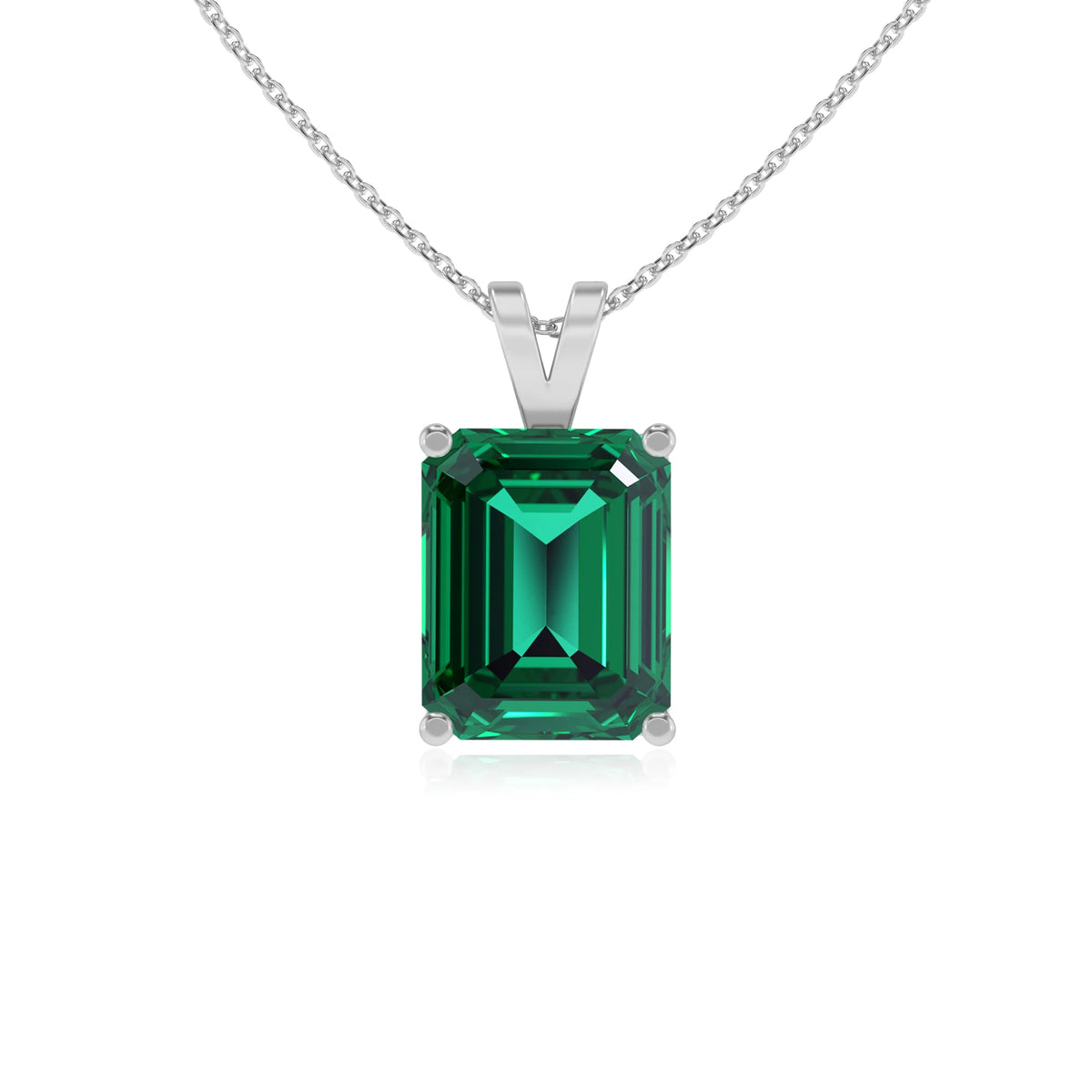 lab grown emerald octogon cut solitaire v-bale necklaces in white gold 
