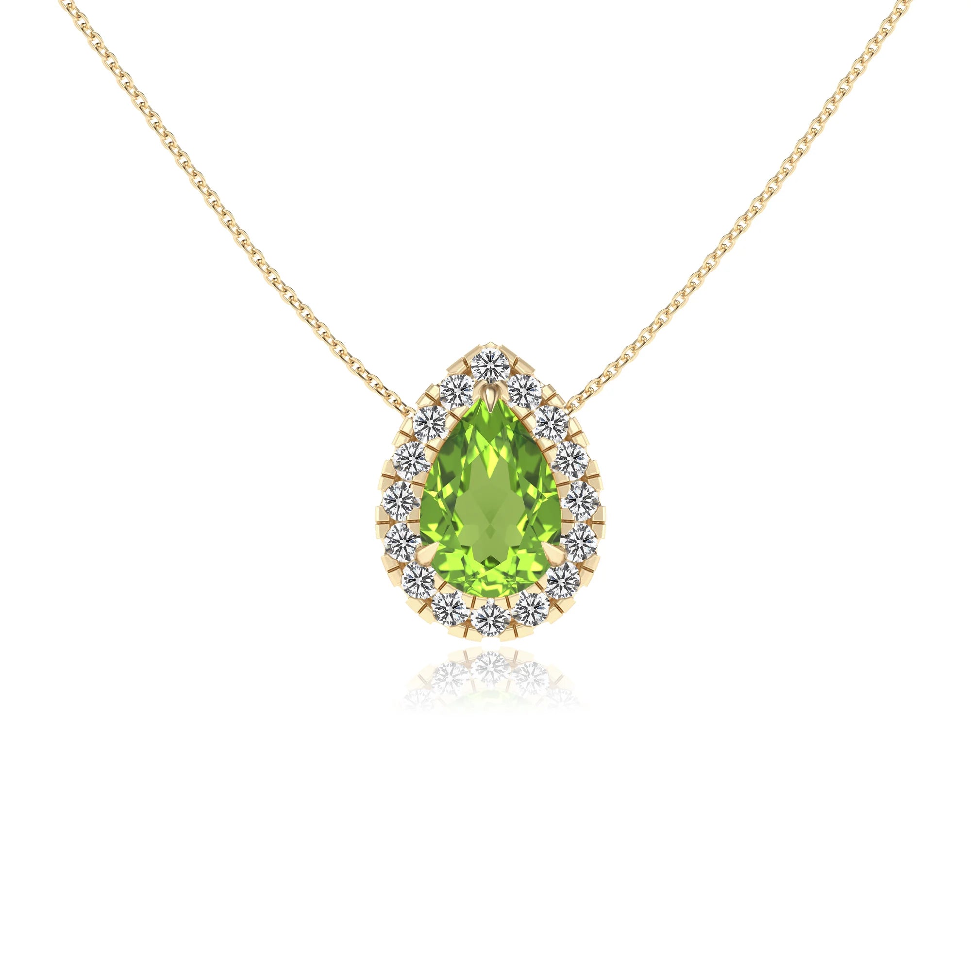 natural peridot pear solitaire necklaces in yellow gold 