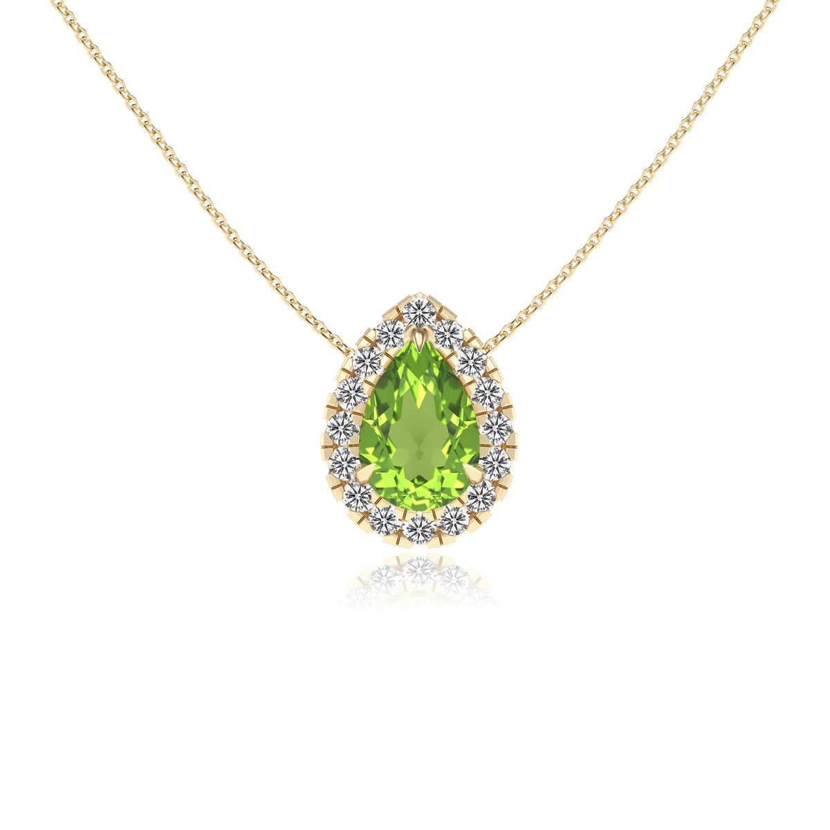 natural peridot pear solitaire necklaces in yellow gold 