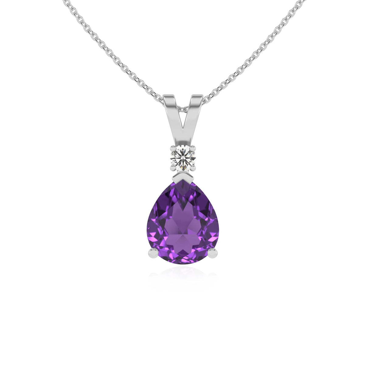 lab grown amethyst pear solitaire v-bale necklaces in platinum 