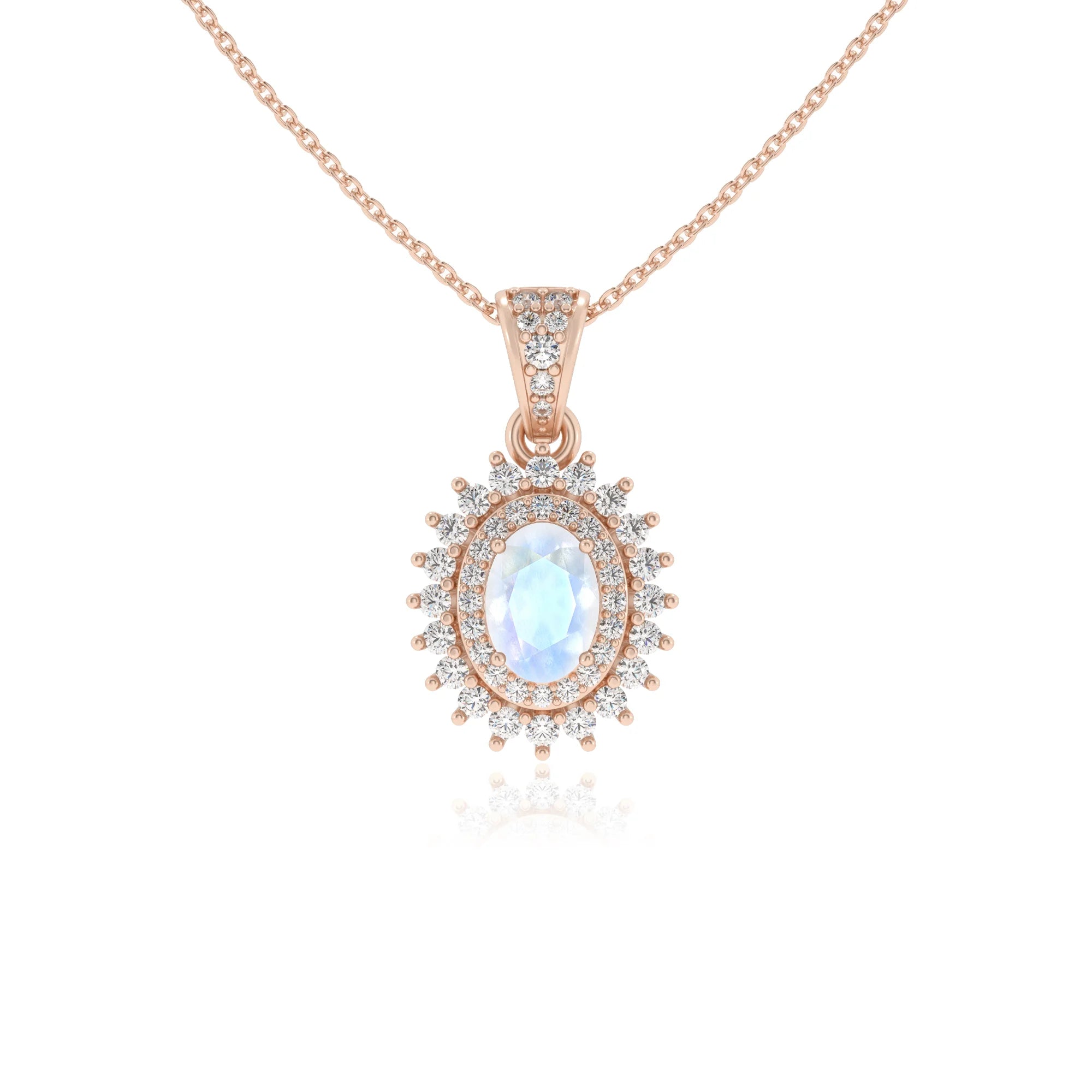 natural rainbow-moonstone oval halo necklaces in rose gold 