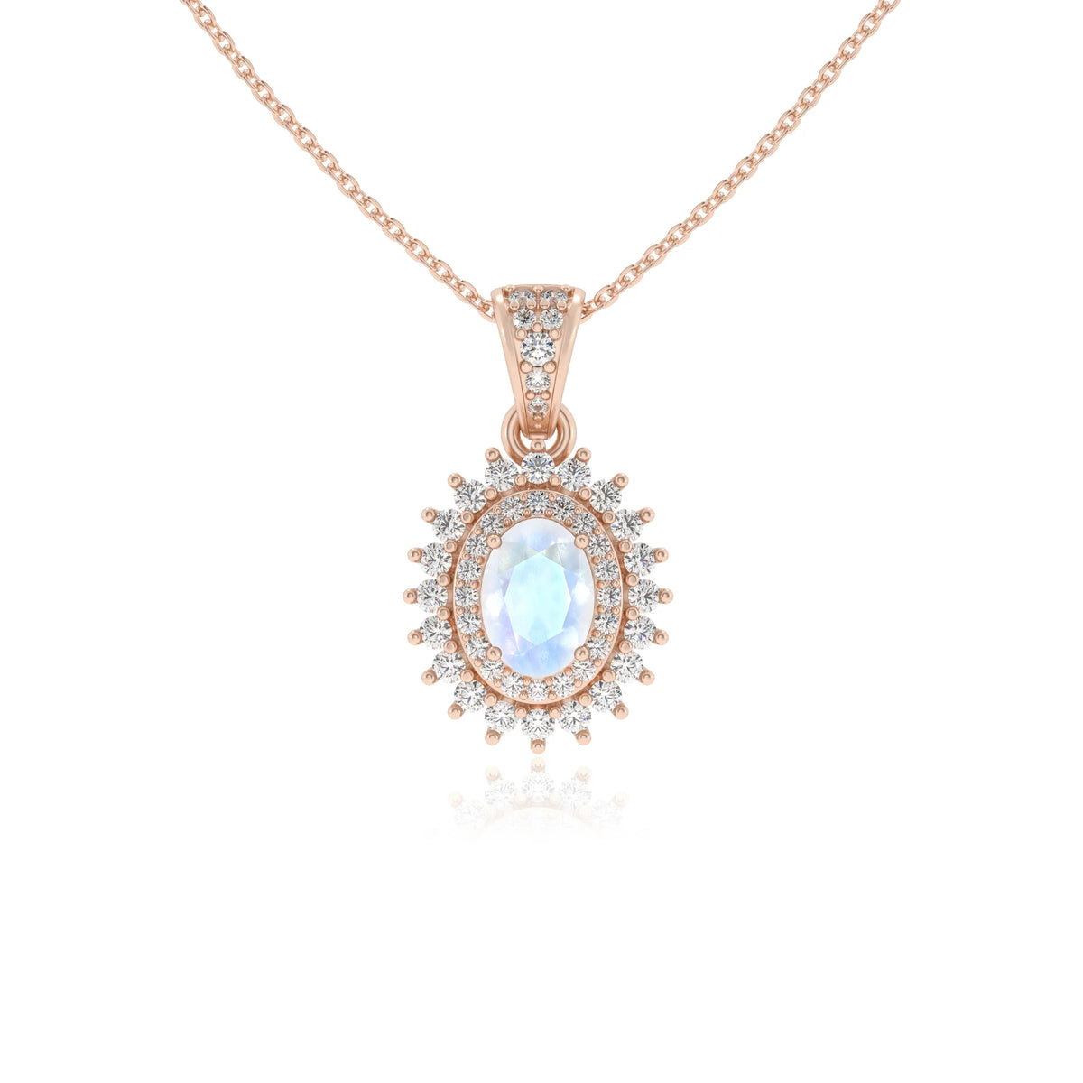 natural rainbow-moonstone oval halo necklaces in rose gold 