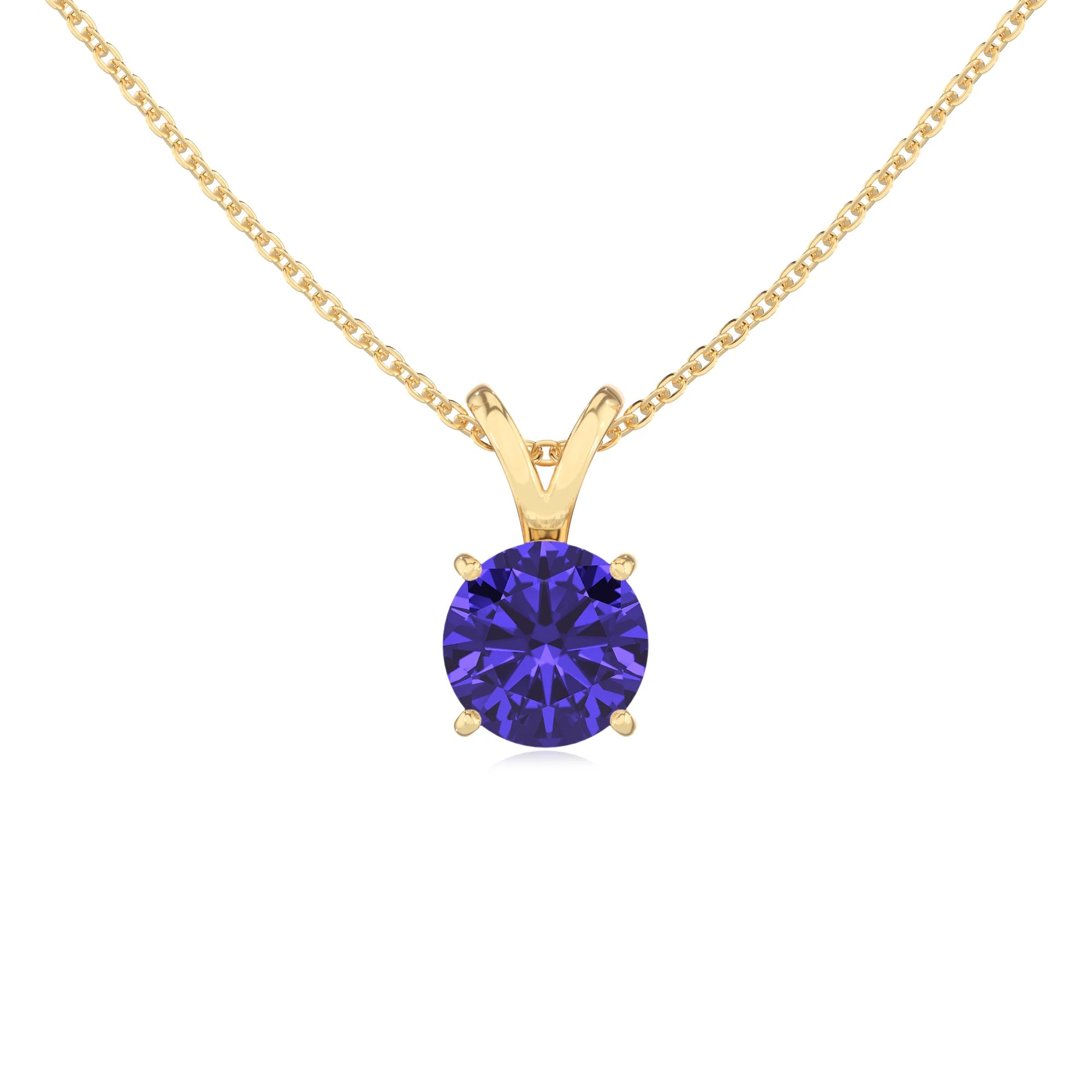 lab grown tanzanite round solitaire v-bale necklaces in yellow gold 