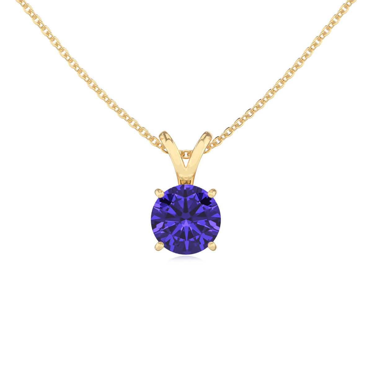 lab grown tanzanite round solitaire v-bale necklaces in yellow gold 