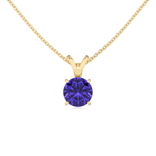 lab grown tanzanite round solitaire v-bale necklaces in yellow gold 