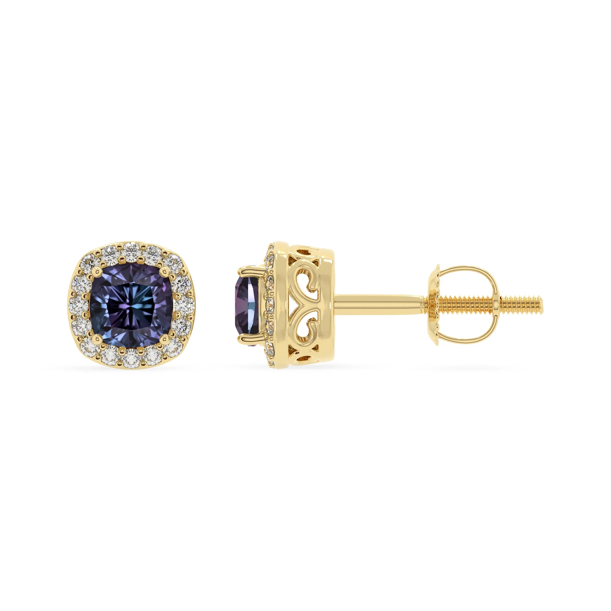 lab grown alexandrite cushion stud earrings in yellow gold 
