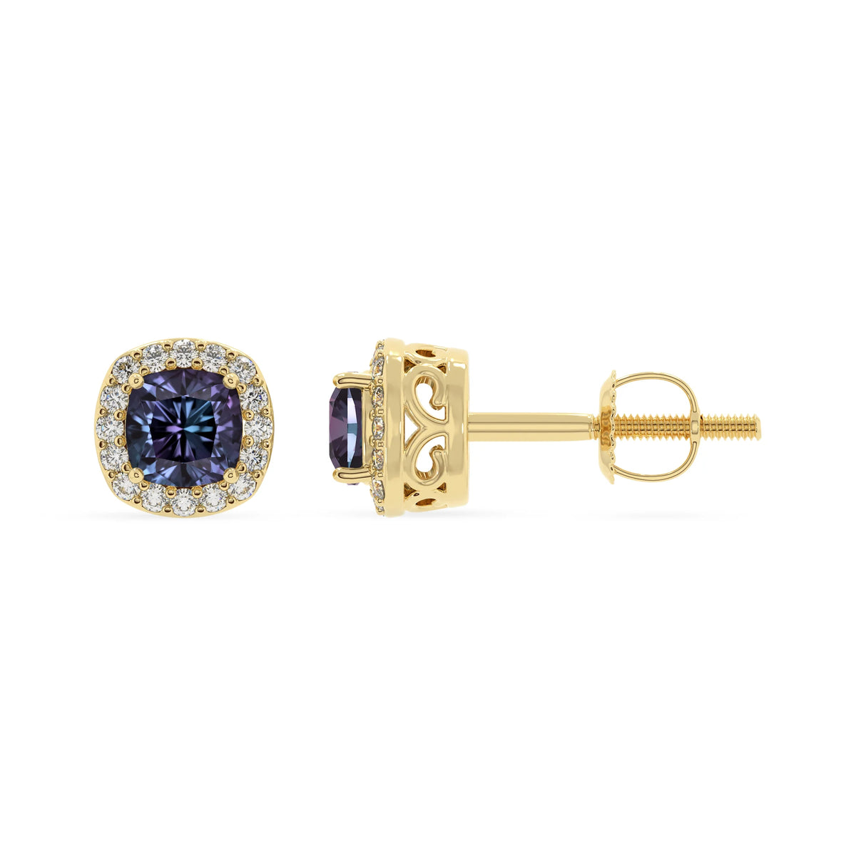 lab grown alexandrite cushion stud earrings in yellow gold 