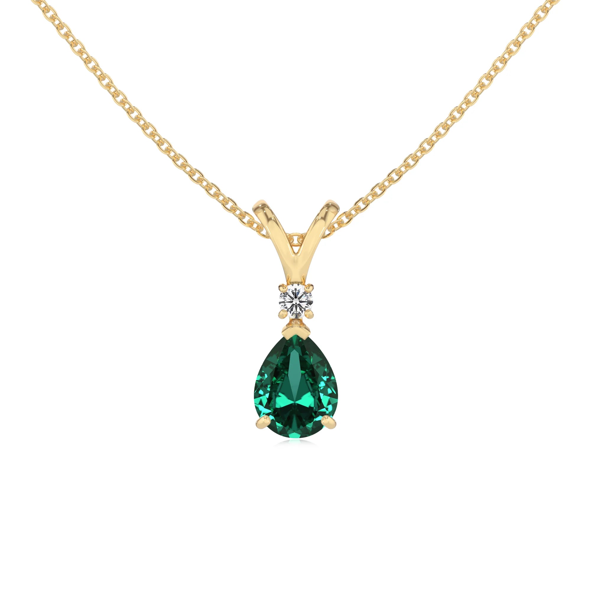 lab grown emerald pear solitaire v-bale necklaces in yellow gold 