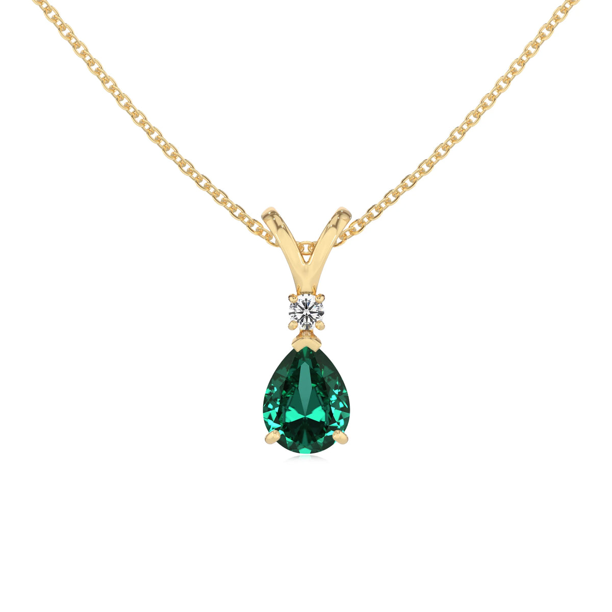 lab grown emerald pear solitaire v-bale necklaces in yellow gold 