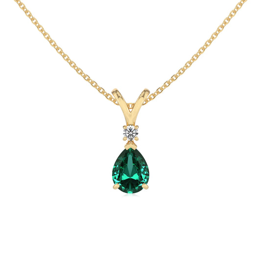 lab grown emerald pear solitaire v-bale necklaces in yellow gold 