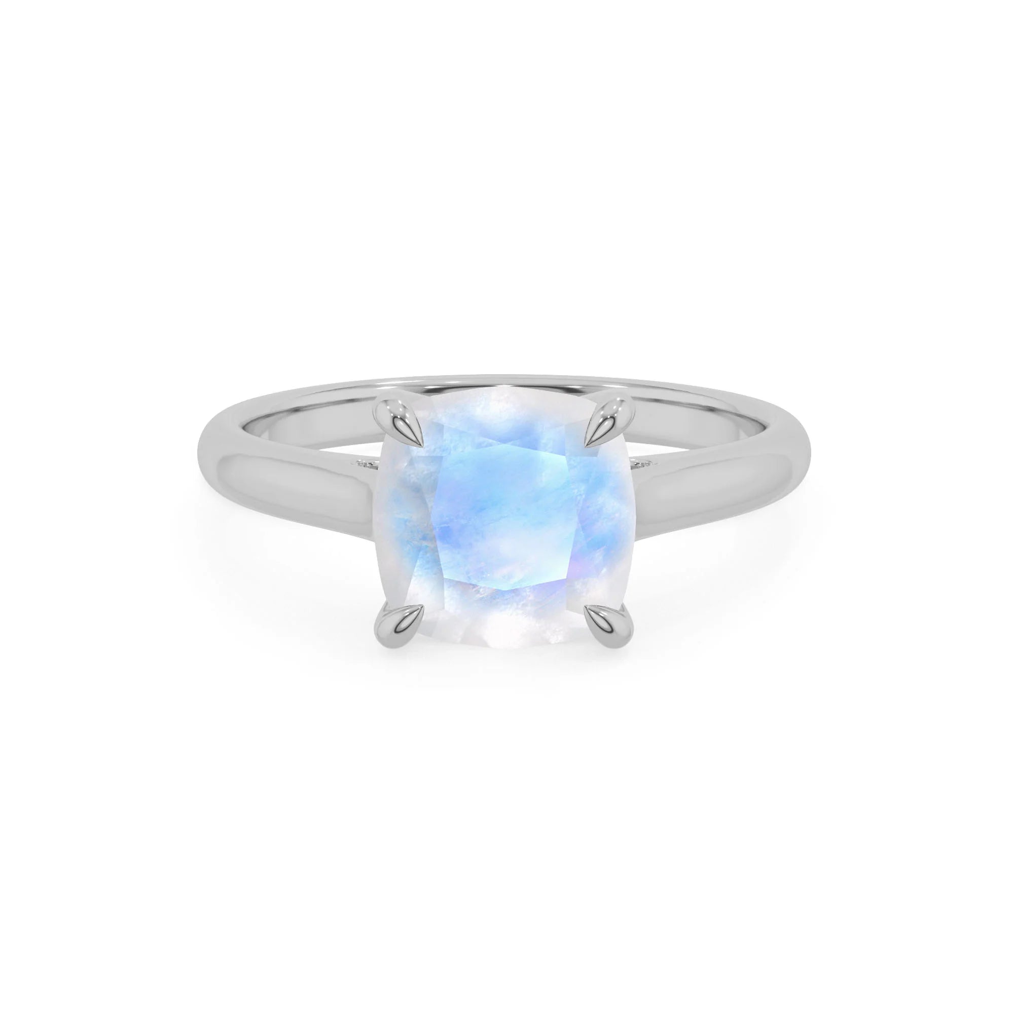 natural rainbow-moonstone cushion solitaire rings in platinum 